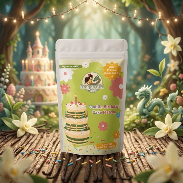 A stand-up pouch of Dragon Girl Bakes Vanilla Birthday Cake Matches stands on a wooden surface in a whimsical garden setting with flowers, fairy lights, and a castle in the background.