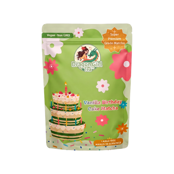 Dragon Girl Tea Vanilla Birthday Cake Matcha in a light green resealable pouch with a cake illustration and colorful flower accents, shown on a plain white background.