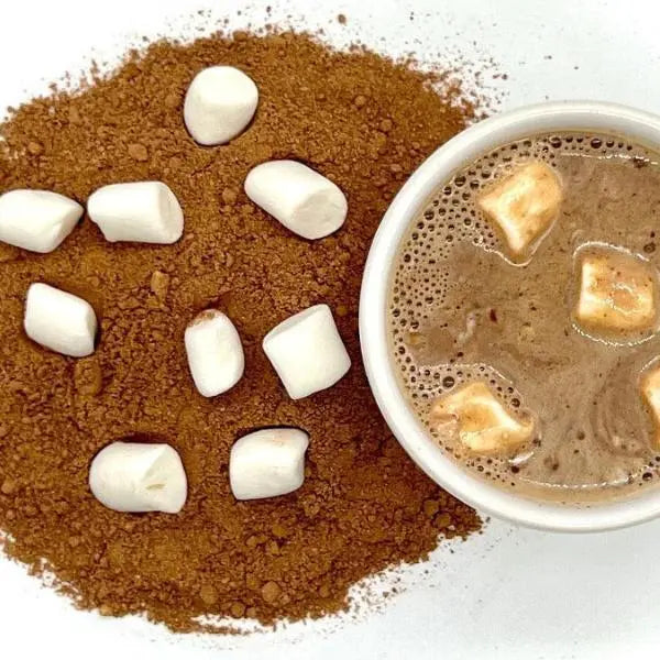 Peanut Butter vegan hot chocolate prepared in a mug with marshmallows — Dragon Girl Tea