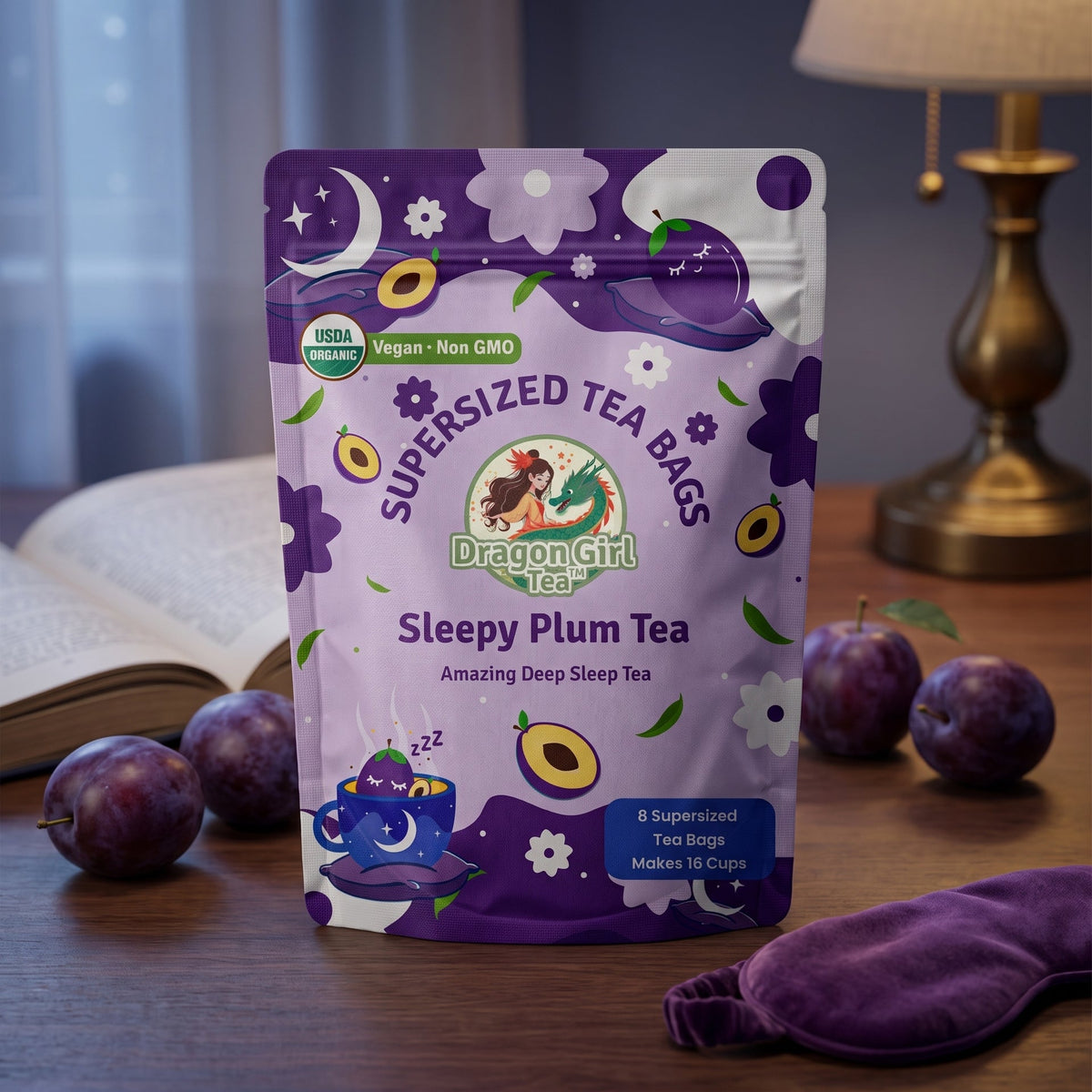 Sleepy Plum herbal tea styled with fresh plums in a cozy evening setting — Dragon Girl Tea