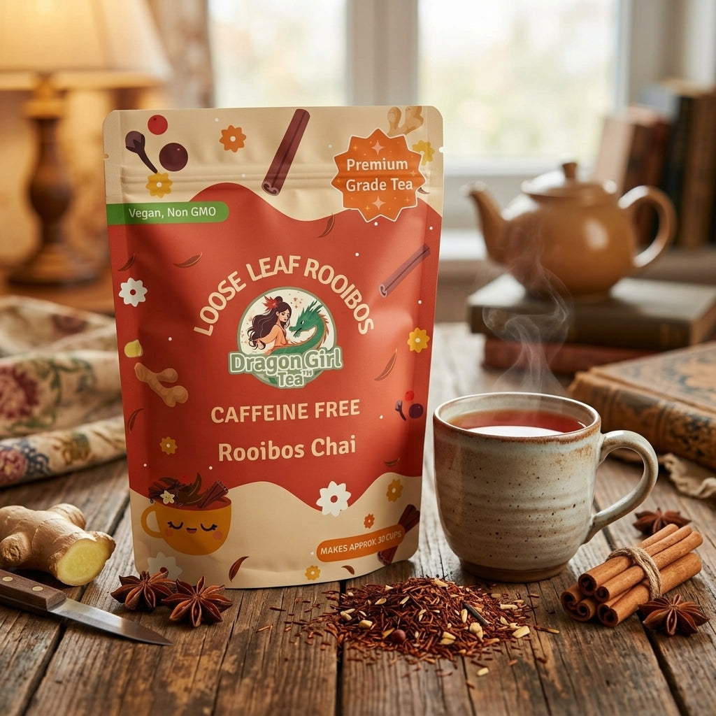 Caffeine-free Rooibos Chai loose-leaf tea styled with a teapot and cinnamon — Dragon Girl Tea