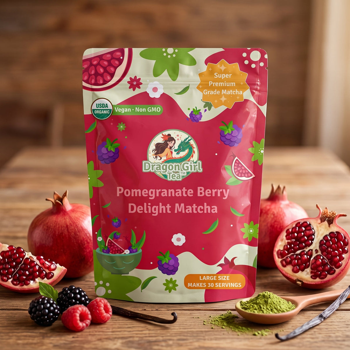A stand-up pouch of Dragon Girl Tea Pomegranate Berry Delight Matcha is displayed on a wooden table surrounded by fresh pomegranates, berries, vanilla bean, and a spoonful of green matcha powder. The pouch is bright pink with colorful illustrations of pomegranate, berries, and mint, and features the Dragon Girl Tea logo.
