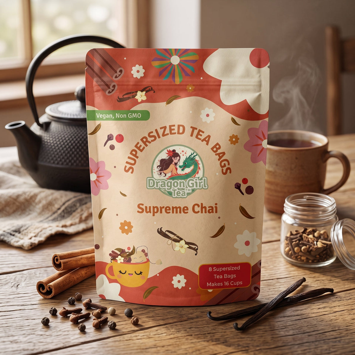 Supreme Chai black tea styled with a teapot, cinnamon and vanilla — Dragon Girl Tea