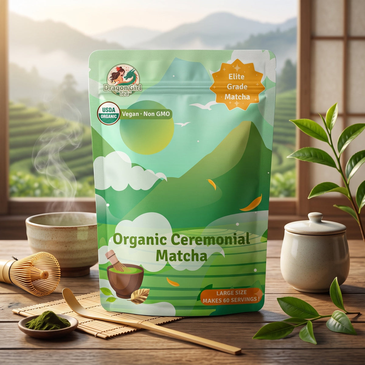 Organic ceremonial grade matcha pouch styled with a matcha bowl, whisk and tea garden — Dragon Girl Tea