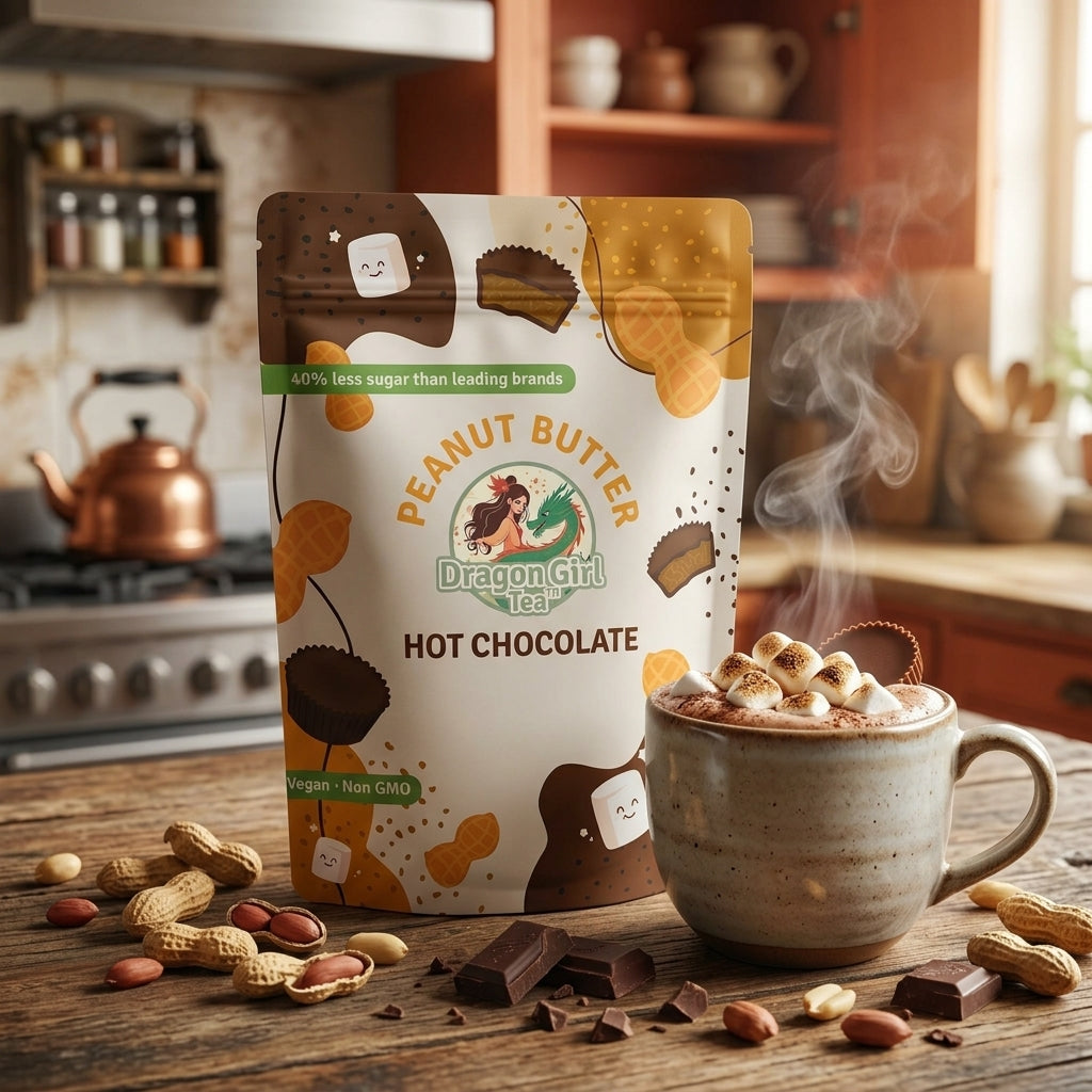Peanut Butter vegan hot chocolate styled with a steaming mug in a kitchen — Dragon Girl Tea