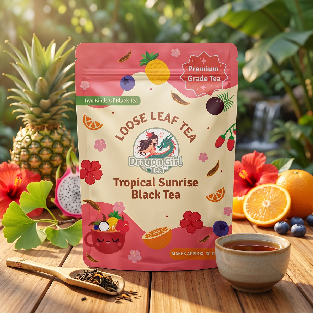 Tropical Sunrise black tea styled with fresh pineapple, orange and tropical fruit — Dragon Girl Tea