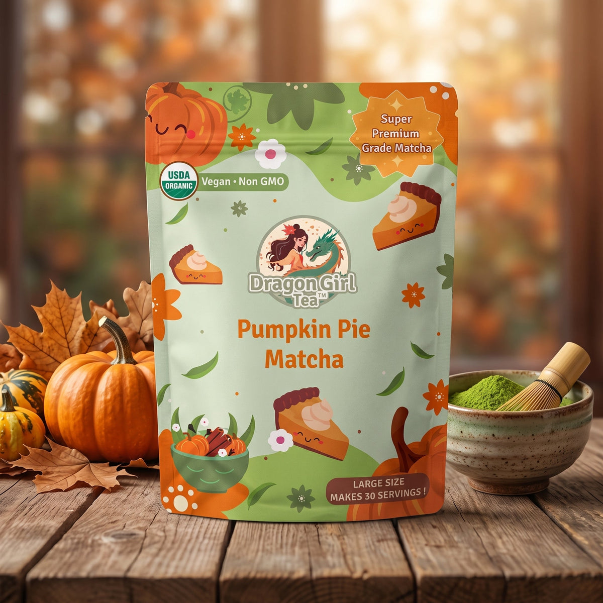 A stand-up pouch of Dragon Girl Tea Pumpkin Pie Matcha tea is displayed on a wooden table with autumn props, including pumpkins, leaves, and a bowl of green matcha powder.