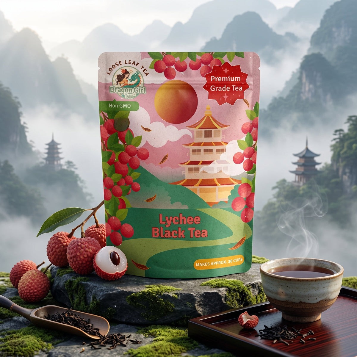 Lychee black tea styled with fresh lychee and a cup of tea — Dragon Girl Tea