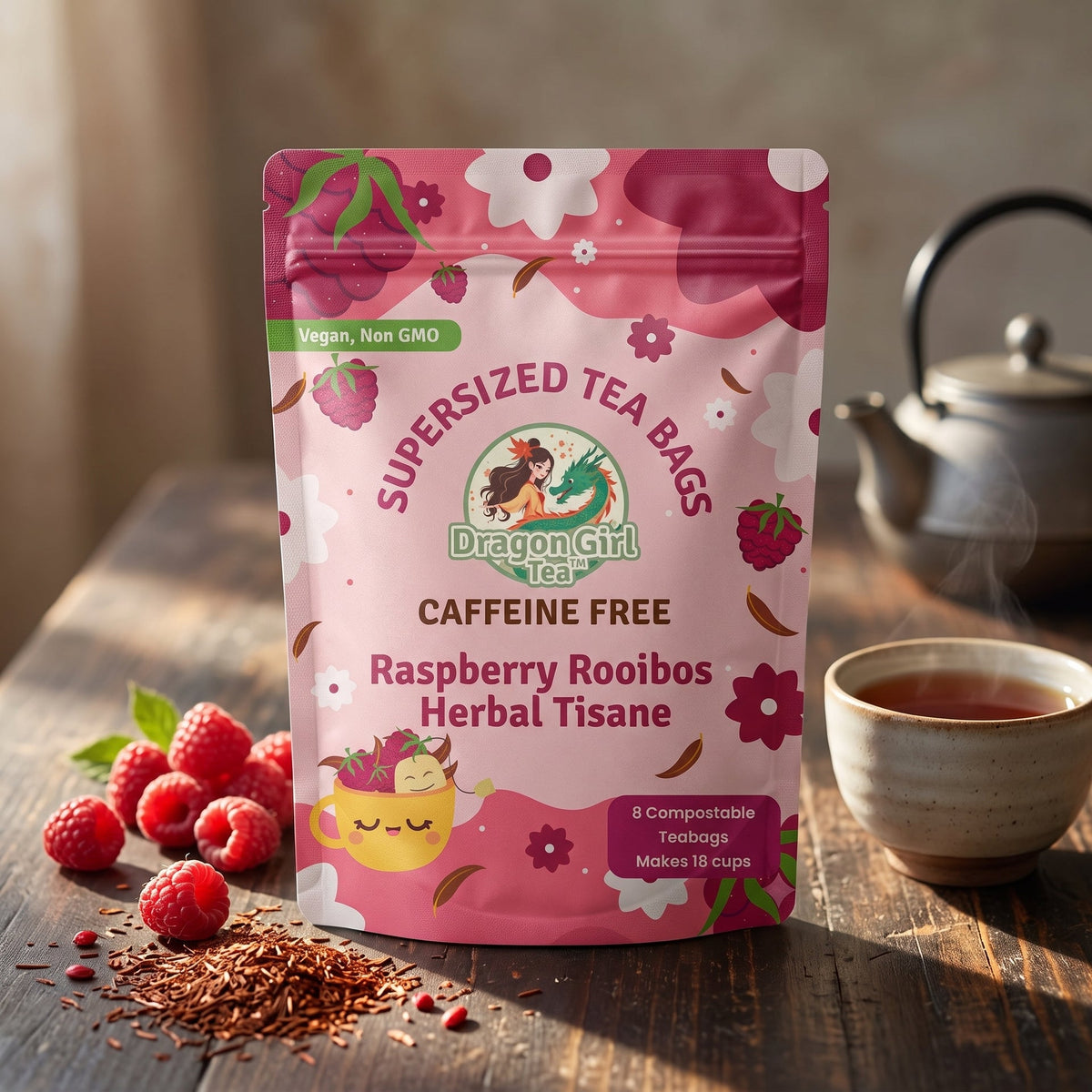 Raspberry Rooibos herbal tea styled with fresh raspberries and a teapot — Dragon Girl Tea