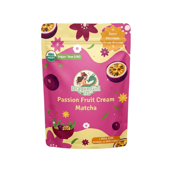 Dragon Girl Tea Passion Fruit Cream Matcha in a pink and yellow resealable stand-up pouch with illustrations of passion fruit, flowers, and a dragon logo on a white background.
